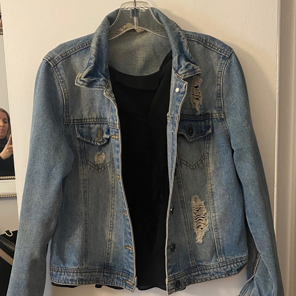 Trendy Blue Distressed Denim Jacket